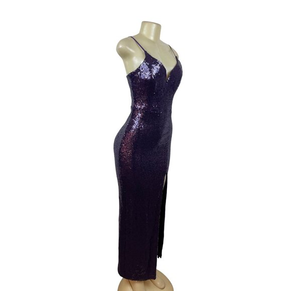 B.Smart Purple Sequin Spaghetti Strap Midi Dress With V-Neck & Side Slit Sz 9/10 - Picture 2 of 8
